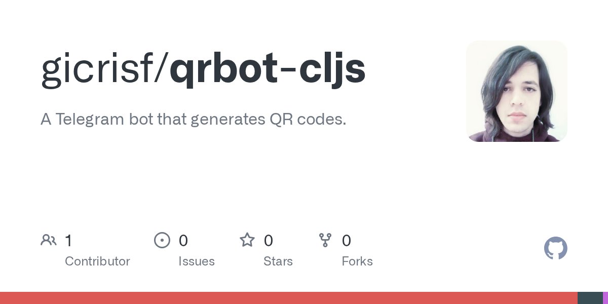 gicrisf's tweet card. A Telegram bot that generates QR codes. . Contribute to gicrisf/qrbot-cljs development by creating an account on GitHub.