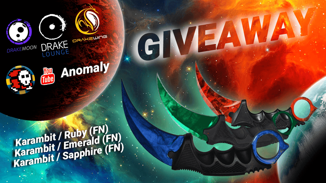 anomalyxd's tweet card. Anomaly + DrakeMoon + DrakeWing + DrakeLounge = FREE KARAMBITS