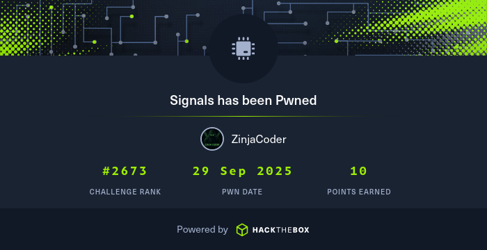 zinja_coder's tweet card. I have just owned challenge Signals from Hack The Box