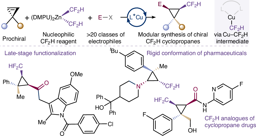 NatureSynthesis's tweet card. Nature Synthesis - General methods for the synthesis of chiral difluoromethyl cyclopropanes are challenging to develop, despite the increasing importance of this motif in pharmaceuticals. Now, a...