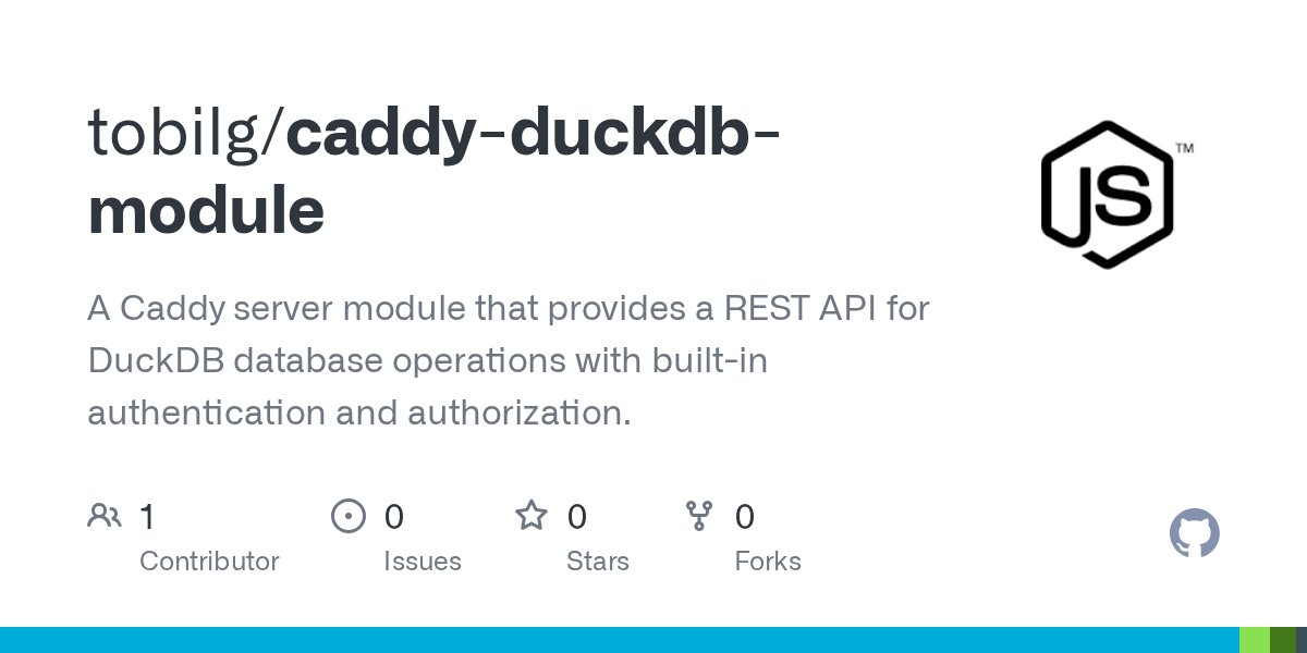 TobiM's tweet card. A Caddy server module that provides a REST API for DuckDB database operations with built-in authentication and authorization. - tobilg/caddy-duckdb-module