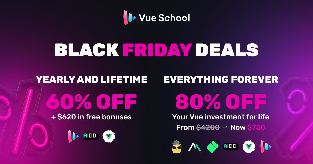 VueSchool_io's tweet card. Get in on the biggest price drop ever at Vue School! Access over 1,500 premium video lessons on a yearly plan + grab free BONUSES.