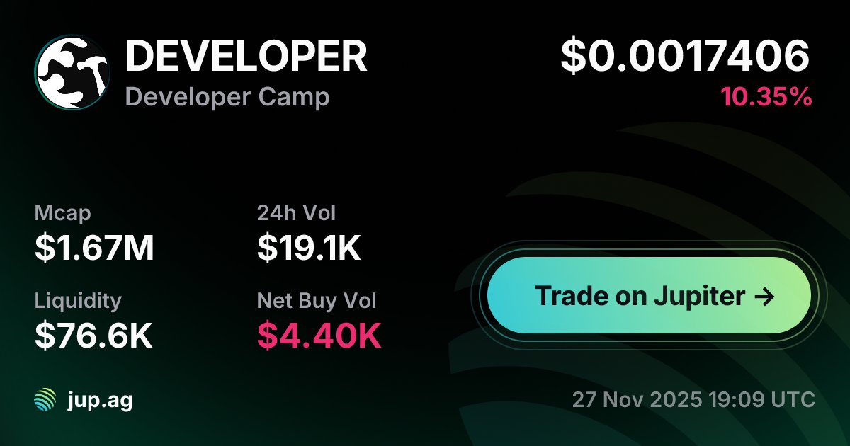 dom's tweet card. The live market cap of DEVELOPER today is $1.67M with a 24-hour change of -10.35%.