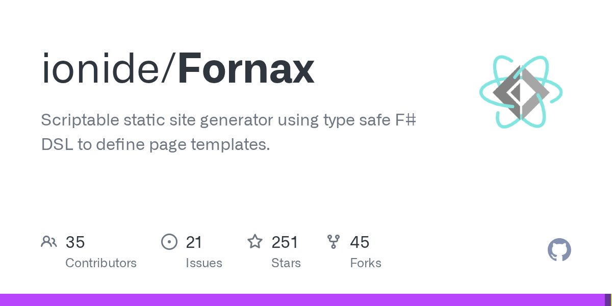 oss_fsharp's tweet card. Scriptable static site generator using type safe F# DSL to define page templates. - ionide/Fornax