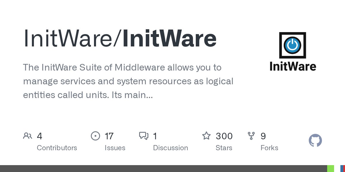 UnixDiscussions's tweet card. The InitWare Suite of Middleware allows you to manage services and system resources as logical entities called units. Its main component is a service management ("init") system. -...