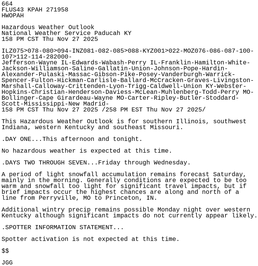 iembot_pah's tweet card. HWO issued by NWS PAH at 27 Nov 2025 19:58 UTC