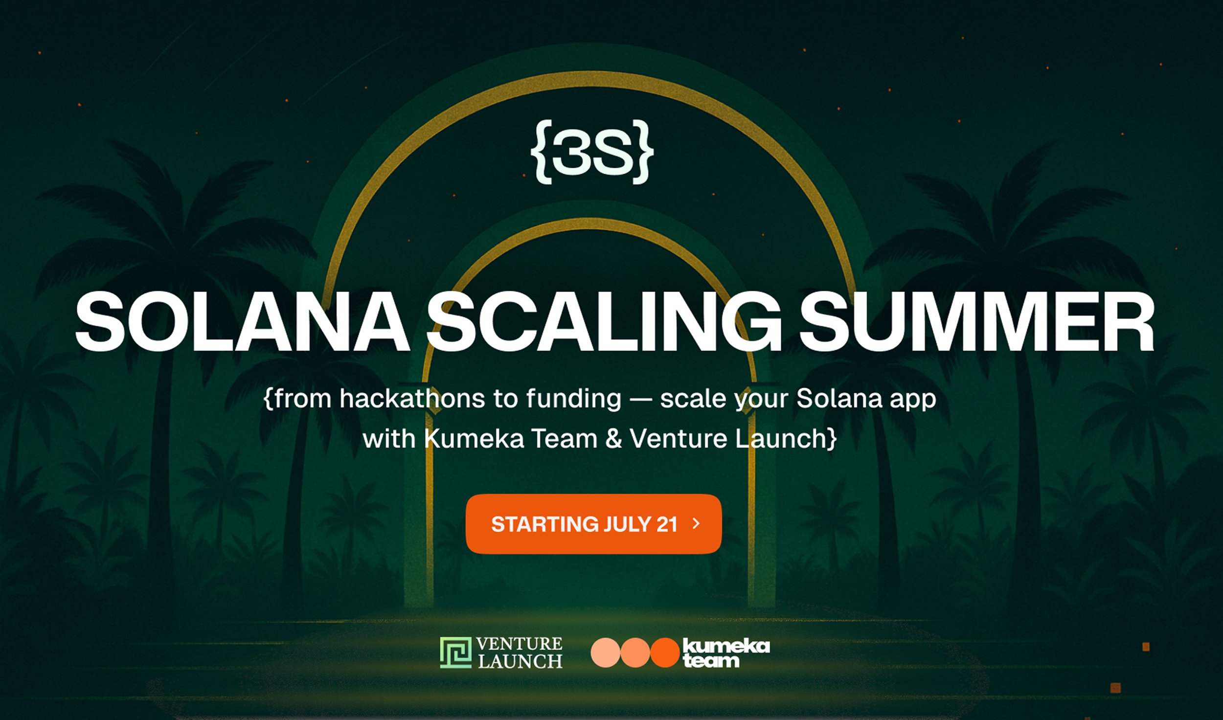 KumekaTeam's tweet card. Join {3S} ➜ Solana startup accelerator for early-stage teams by Kumeka Team & Venture Launch. Scale your MVP, get grants, mentorship & pitch to web3 investors.