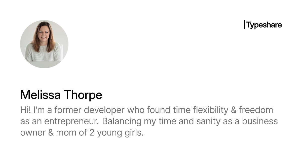 _mthorpe's tweet card. Hi! I'm a former developer who found time flexibility & freedom as an entrepreneur. Balancing my time and sanity as a business owner & mom of 2 young girls.