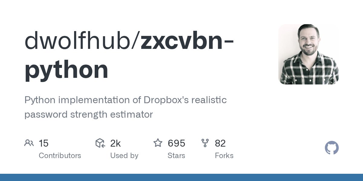 realpython's tweet card. Python implementation of Dropbox's realistic password strength estimator - dwolfhub/zxcvbn-python