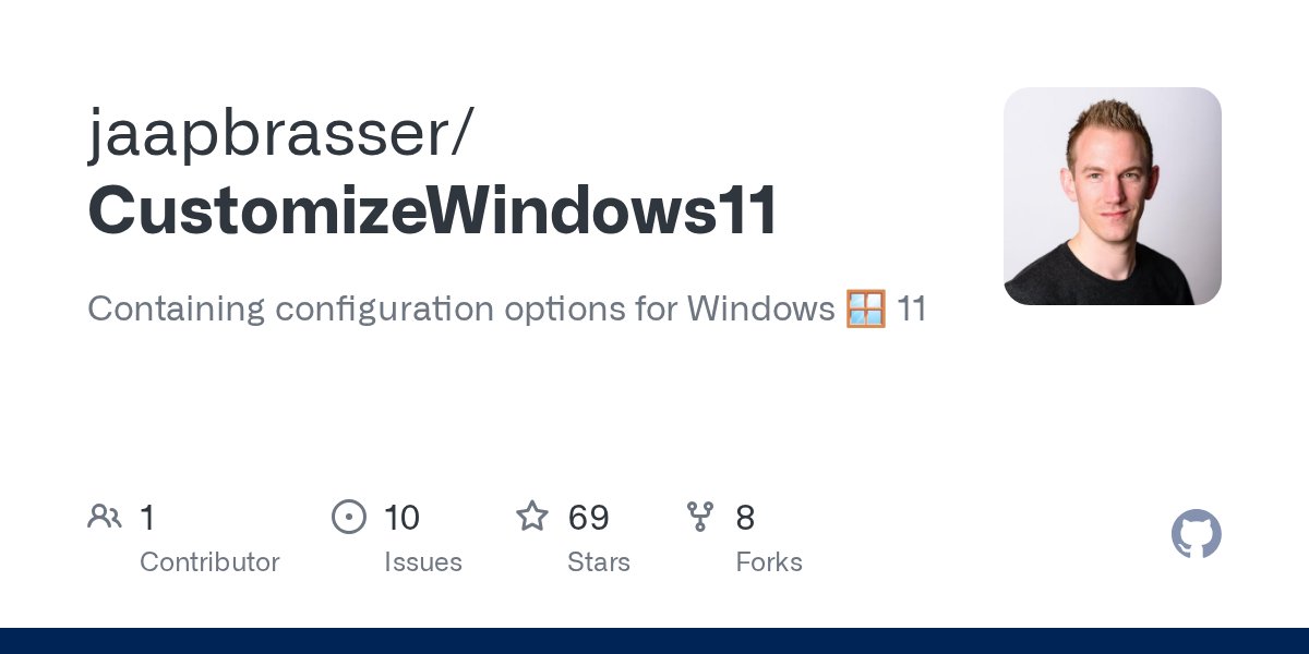 mikenelsonIO's tweet card. Containing configuration options for Windows 🪟 11 - GitHub - jaapbrasser/CustomizeWindows11: Containing configuration options for Windows 🪟 11