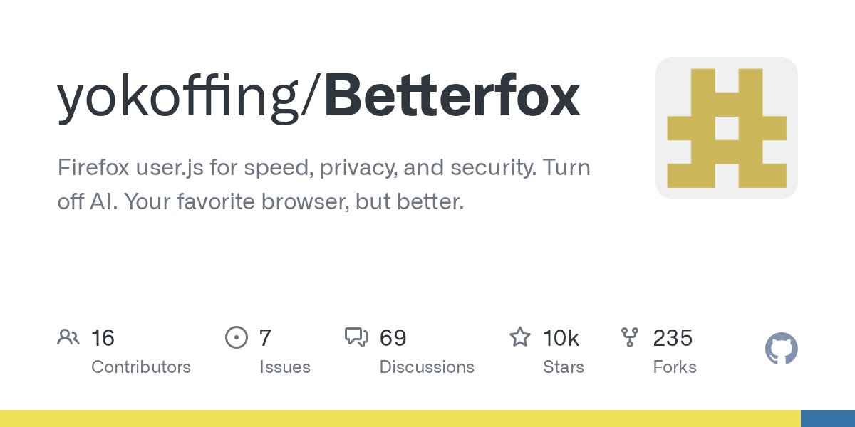 geeknik's tweet card. Firefox user.js for speed, privacy, and security. Turn off AI. Your favorite browser, but better. - yokoffing/Betterfox