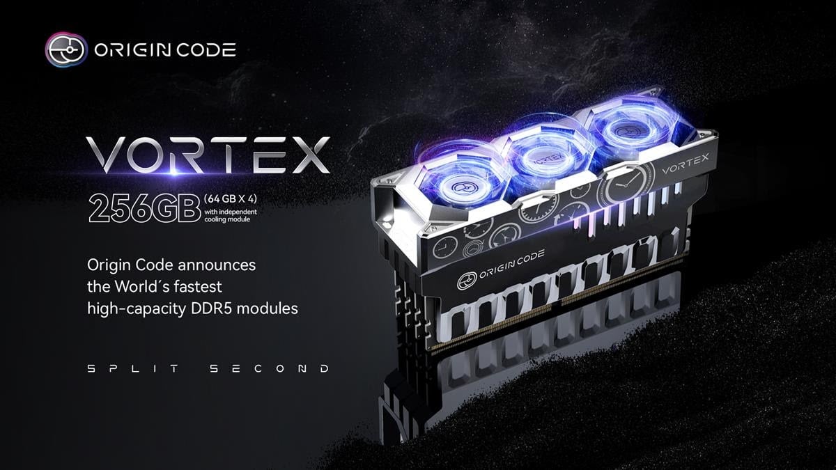 TweakTown's tweet card. US-based memory company Origin Code unveils new VORTEX DDR5: up to 256GB (4 x 64GB sticks) memory kit with active triple-fan cooling.