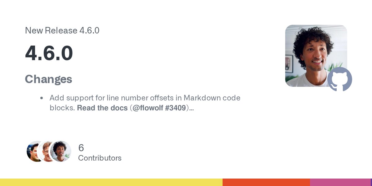 hakimel's tweet card. Changes Add support for line number offsets in Markdown code blocks. Read the docs (@flowolf #3409) Significantly speed up livereload (@t-fritsch #3446) Add support for links to the id of an eleme...