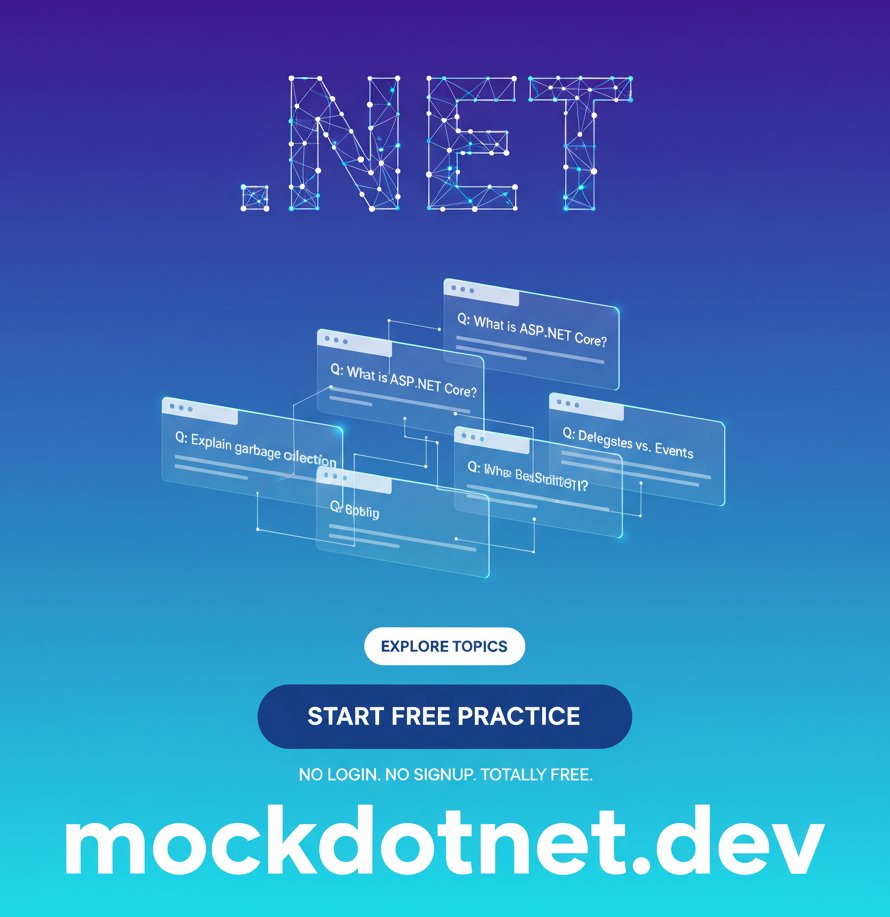 MockDotNet_Dev's tweet card. Test your C#/.NET knowledge with our free mock interview. 100+ real questions.
