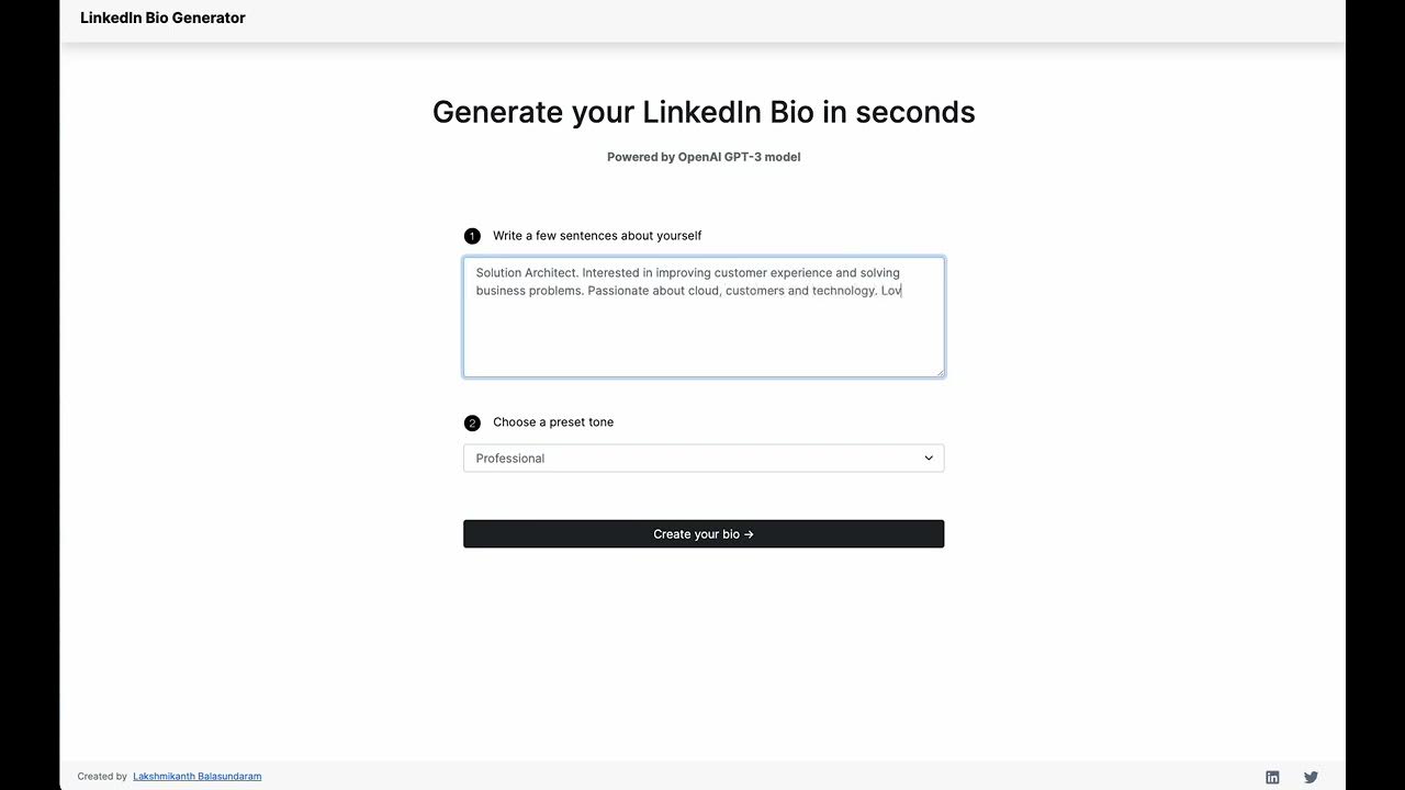 blakshmikanth's tweet card. LinkedIn Bio Generator