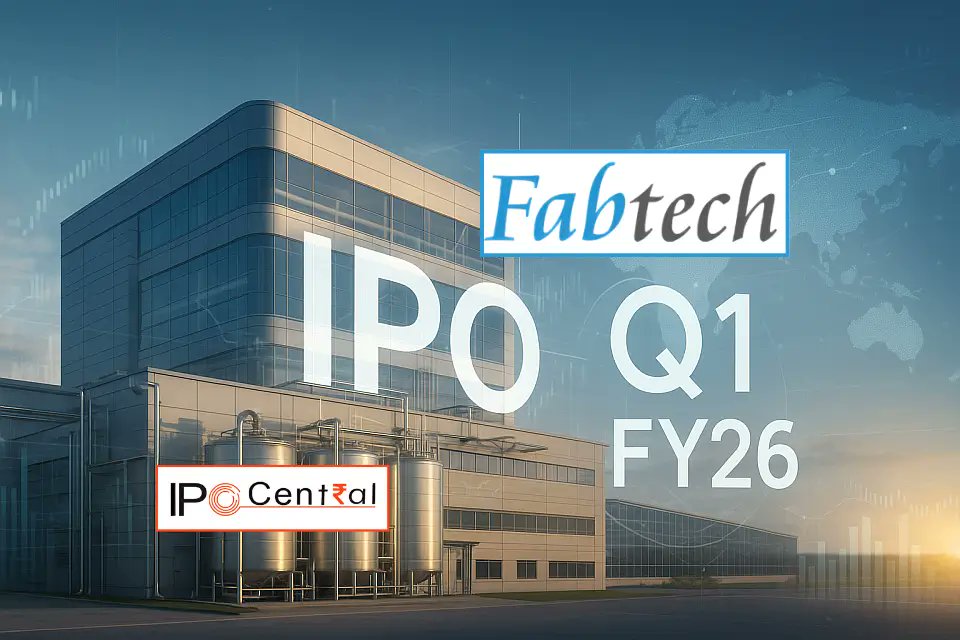 ipo_central's tweet card. Fabtech Technologies Q1 FY26 results show INR 68 crore revenue, post-IPO transition loss, strong global growth, and new renewable energy partnership.