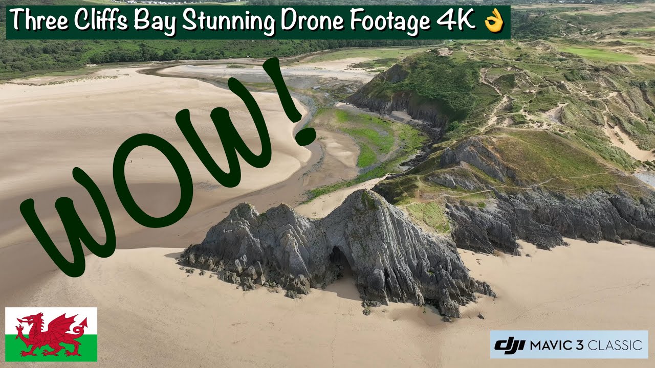 motorhomingfun's tweet card. 🌊 Stunning Drone Footage of Three Cliffs Bay Wales | Aerial Views in...