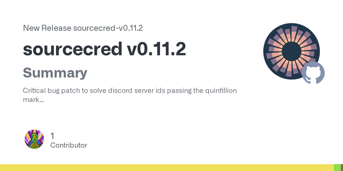 sourcecred's tweet card. Summary Critical bug patch to solve discord server ids passing the quintillion mark Contributions 3c76945 Discord message IDs have passed the quintillion mark and this has led to an infinite loop i...