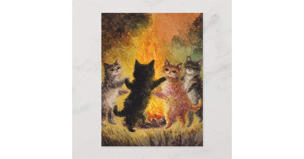 angelandspot's tweet card. A group of cats dance happily around the bonfire AI generated art