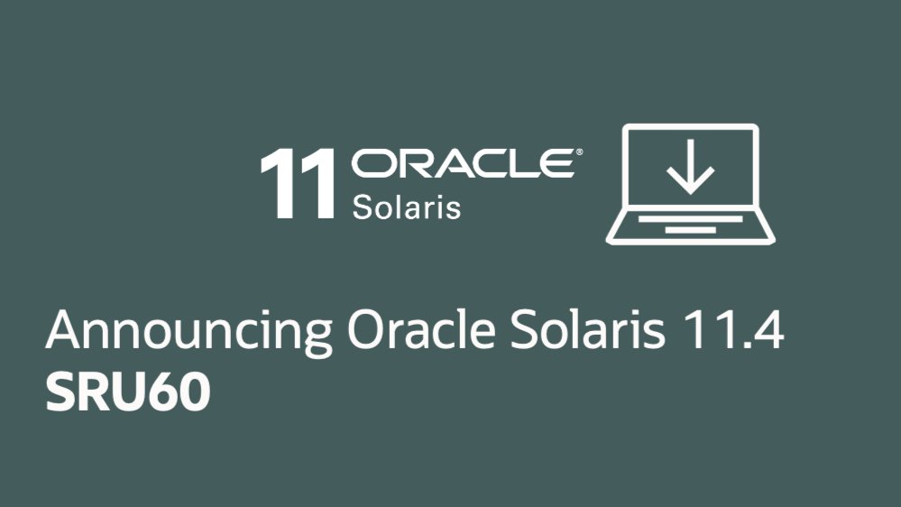 alanc's tweet card. We've just released the Oracle Solaris 11.4 SRU60. It is available via 'pkg update' from the support repository or by downloading the SRU from My Oracle Support Doc ID 2433412.1.
