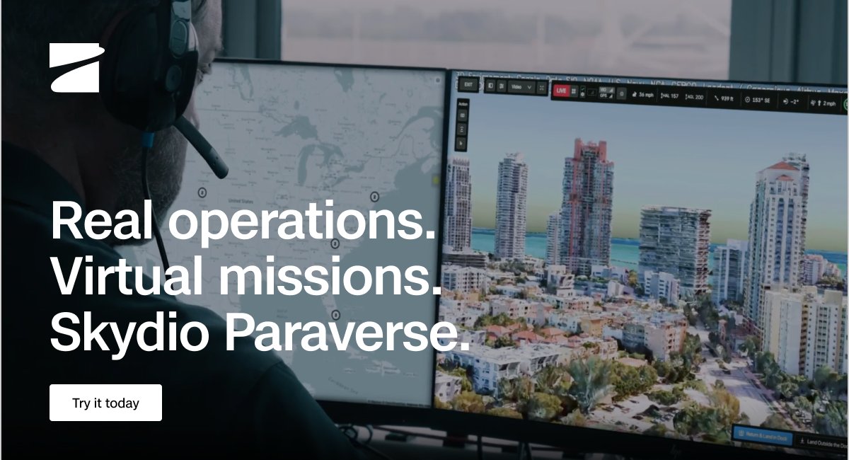 SkydioHQ's tweet card. Practice flight in your own environment in a parallel universe and use a production environment to configure missions and validate integrations pre-launch.