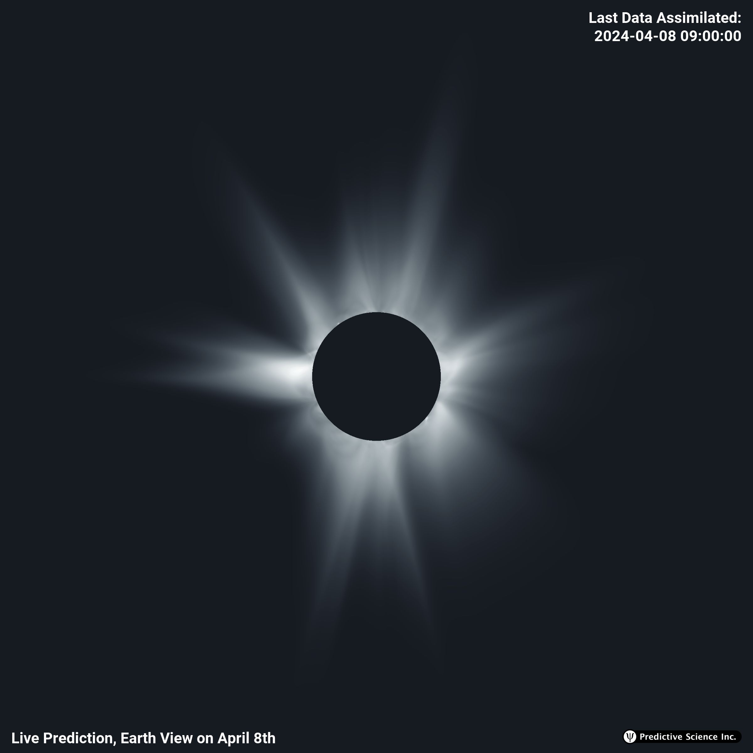 sumseq's tweet card. Predictive Science Inc.'s latest prediction of the solar corona for the April 8, 2024 total solar eclipse.