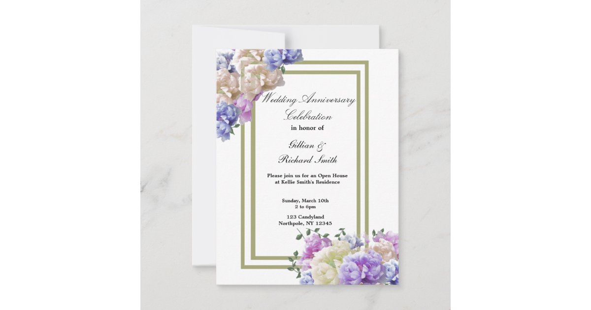 ShellsDesigns2's tweet card. A pretty design featuring a border of gold accenting by glorious peonies in elegant colors. Perfect for any anniversary celebration. Customize with your information as desired.