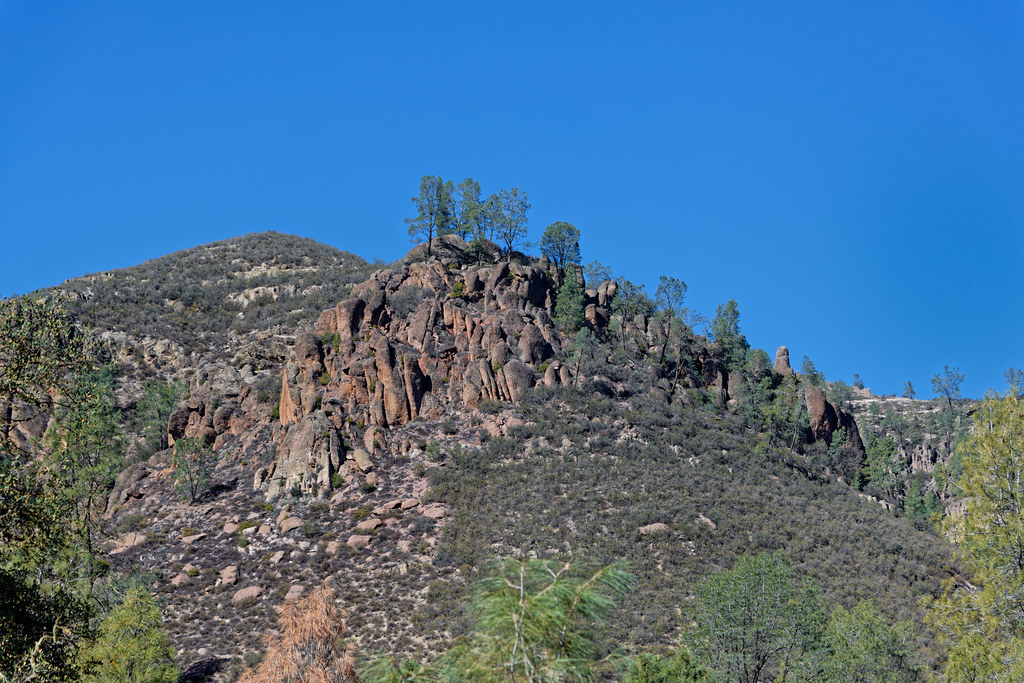 thorsenmark's tweet card. While walking around the Bear Gulch Day Use Area with a view looking to the northwest at a hillside with pinnacle formations present. This is in Pinnacles National Park. My thought on composing this...