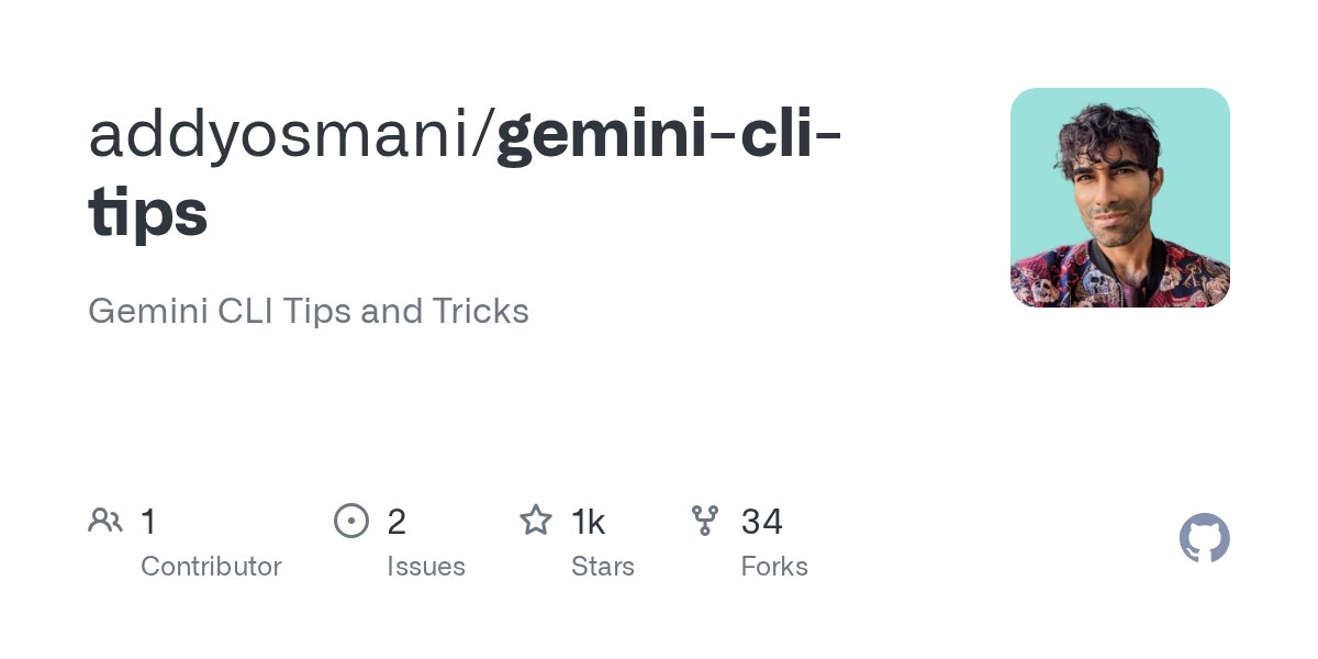 betterhn300's tweet card. Gemini CLI Tips and Tricks. Contribute to addyosmani/gemini-cli-tips development by creating an account on GitHub.