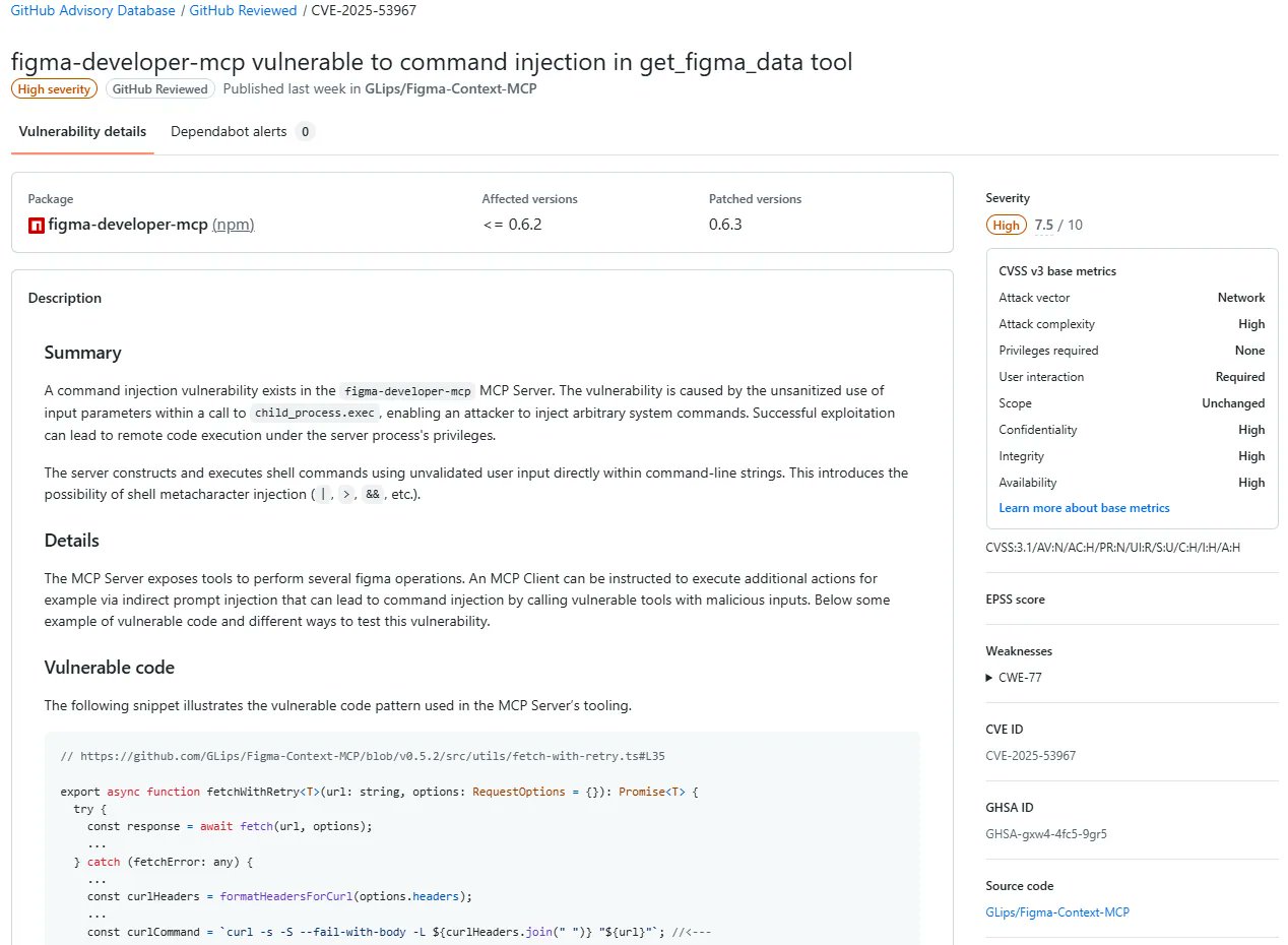 TweetThreatNews's tweet card. A critical code injection vulnerability, CVE-2025-53967, has been found in the figma-developer-mcp server, allowing remote code execution. This flaw can be exploited via malicious requests, risking...
