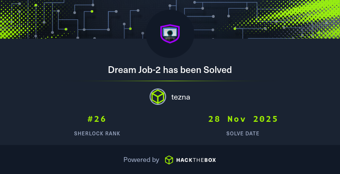 tresscrossnet's tweet card. I have just solved sherlock Dream Job-2 from Hack The Box