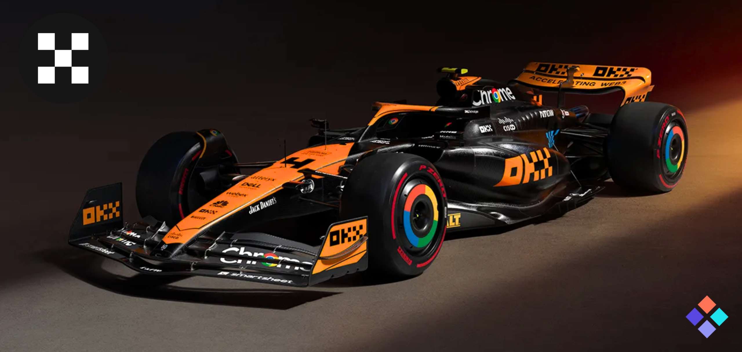 NFTPlazas's tweet card. OKX partners with McLaren for the 2024 F1 season, showcasing its logo on cars for 20 races, blending high-tech and motorsport excitement.