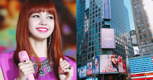 Koreaboo's tweet card. BLACKPINK Lisa fans gifted her with 11 brightly decorated billboards in Times Square to celebrate her birthday.