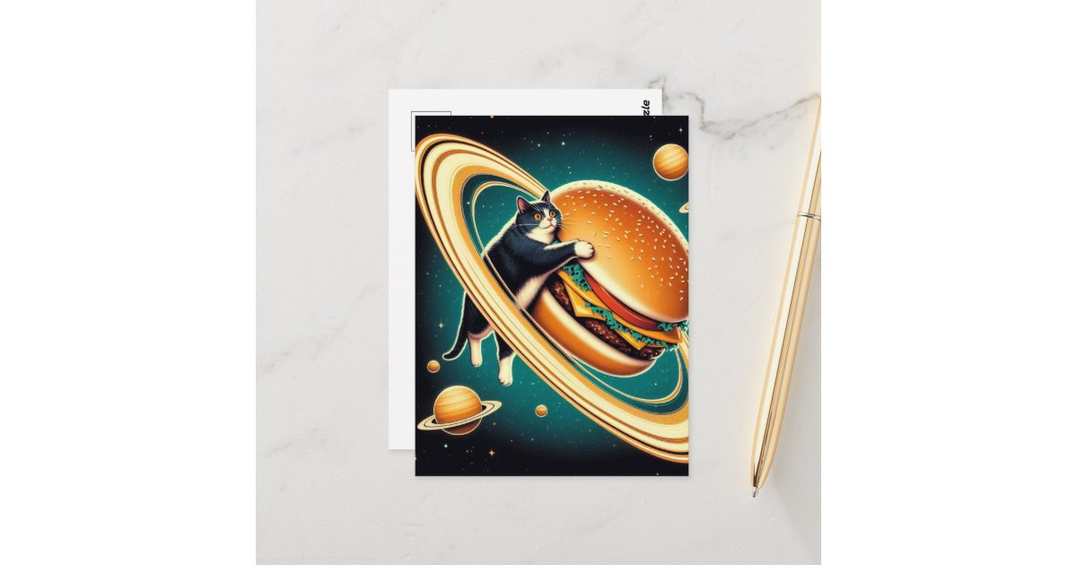 angelandspot's tweet card. A giant surreal cheeseburger planet and a cat AI generated art