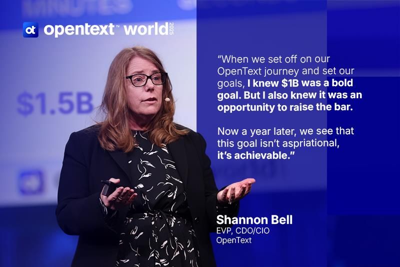 mkchandra's tweet card. OpenText Trusts OpenText. One year ago, Shannon Bell set a $1B savings target at OpenText based on using our own products. Today at #OpenTextWorld 2025, she shared our progress with an updated...