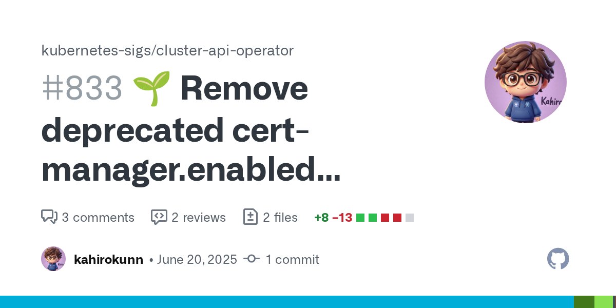 kahirokunn's tweet card. What this PR does / why we need it This PR removes all references to the deprecated cert-manager.enabled parameter from the codebase. Starting with v0.11.0, the Helm chart no longer includes cert-m...