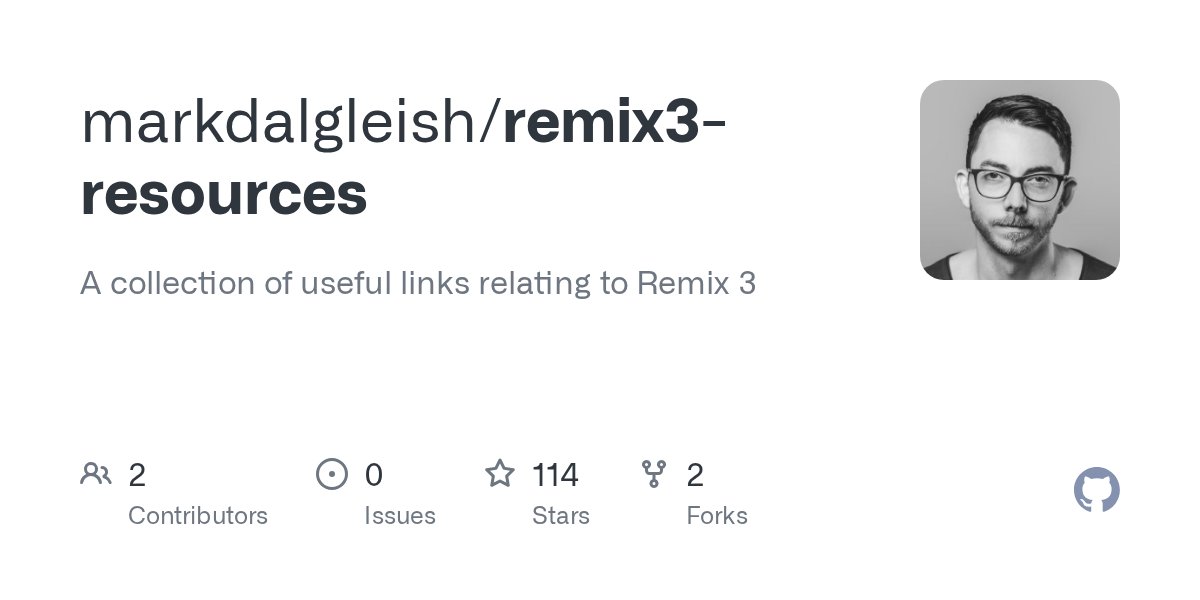 markdalgleish's tweet card. A collection of useful links relating to Remix 3. Contribute to markdalgleish/remix3-resources development by creating an account on GitHub.