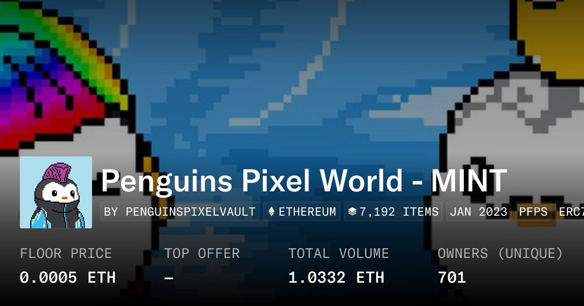 penguinspxnft's tweet card. MINT 8880 Penguins Pixel World