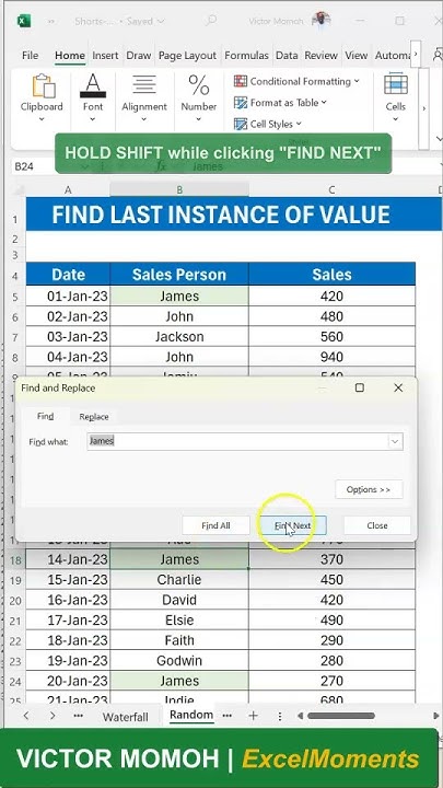 VicmoExcel's tweet card. Find Previous using "FIND" dialog in Excel #shorts
