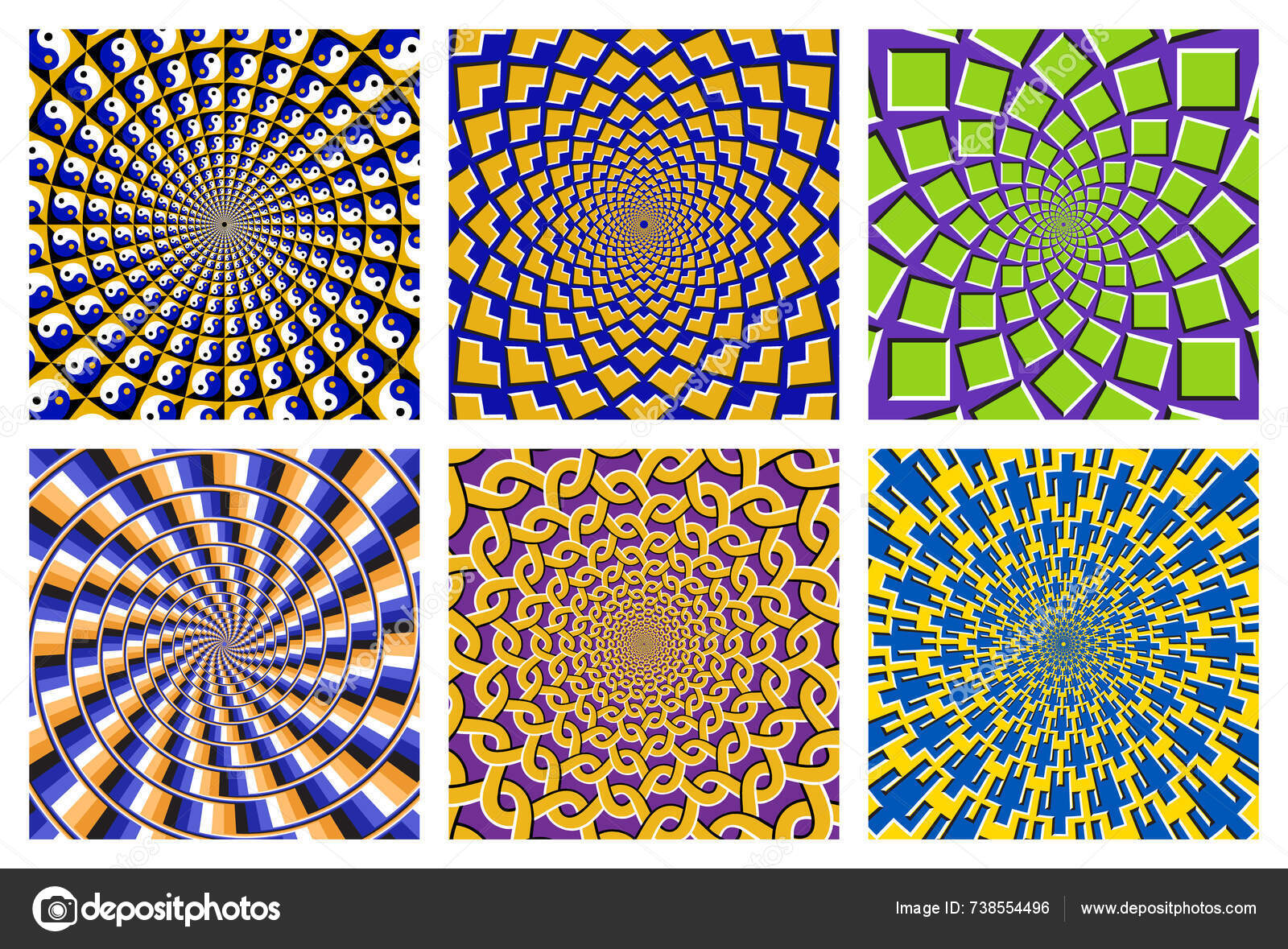 yurrey_p's tweet card. Vector set of dynamic circular patterns. Eye-catching backgrounds with optical effect of moving.