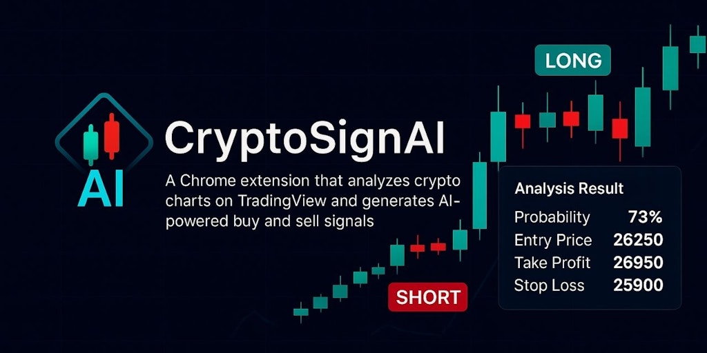 hcode0's tweet card. CryptoSignAI is a Chrome extension for TradingView that uses Google Gemini and OpenAI ChatGPT to analyze crypto charts and generate AI-powered LONG/SHORT signals with entry, TP, SL and probability....