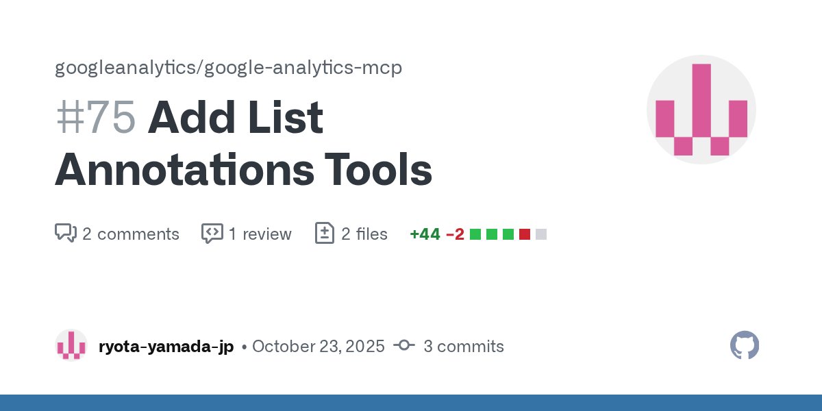 SEM_Technology's tweet card. Overview This pull request introduces the list_property_annotations tool, designed to retrieve a list of annotations set on a Google Analytics 4 (GA4) property. It utilizes theproperties.reportingD...