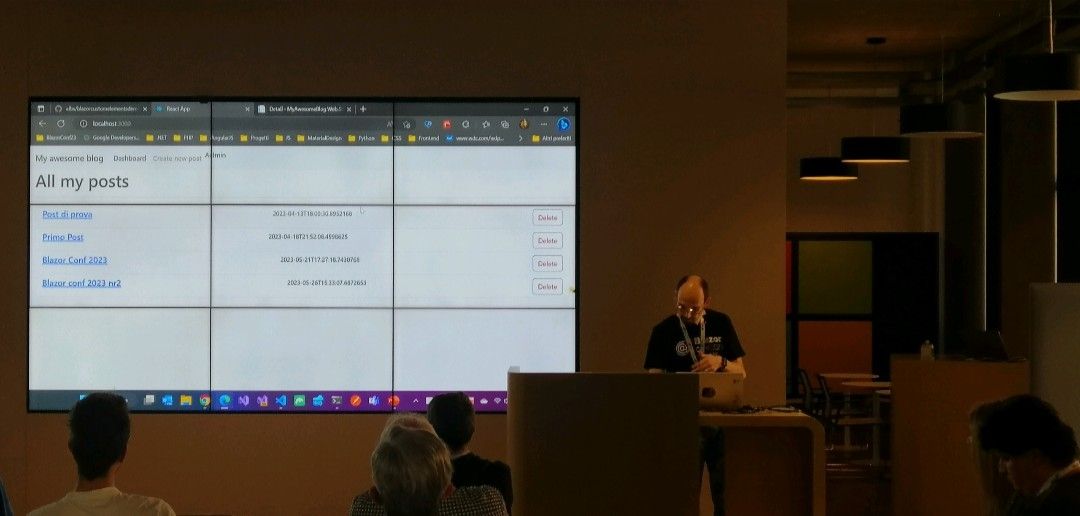 nicola_paro's tweet card. #BlazorConf2023 Alberto Mori is showing us how to use our #blazor WebComponents in #react