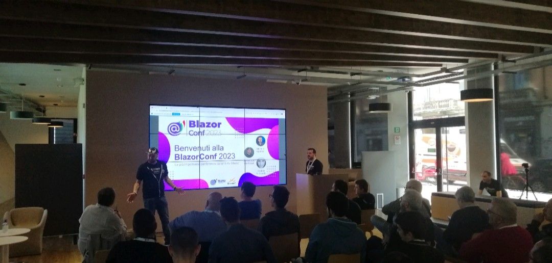 nicola_paro's tweet card. Let's start #BlazorConf2023! The #blazor conference made in italy #dotnet #csharp. Keynote by Michele Aponte, Emanuele Bartolesi and Andrea Saltarello
