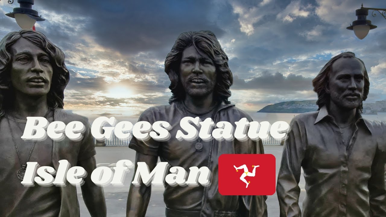 ExploringIsle's tweet card. Statue of The Bee Gees - Douglas Promenade, Isle of Man