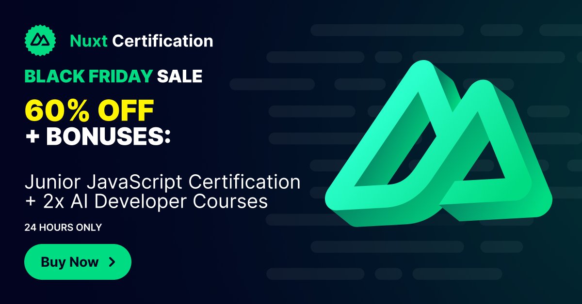 CertificatesDev's tweet card. Nuxt Certification: Validate your skills! Earn your Nuxt Certification & showcase proficiency in routing, SSR, code-splitting & more. Created with nuxt.com