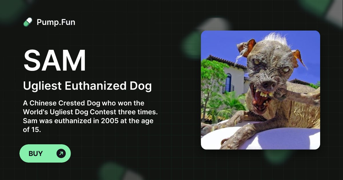 EuthanizedSam's tweet card. A Chinese Crested Dog who won the World's Ugliest Dog Contest three times. Sam was euthanized in 2005 at the age of 15.