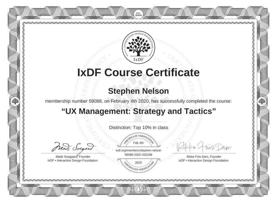 S_Nelson_Design's tweet card. This IxDF Course Certificate verifies that Stephen Nelson has completed the IxDF Course UX Management: Strategy and Tactics with an IxDF Top 10% Distinction.