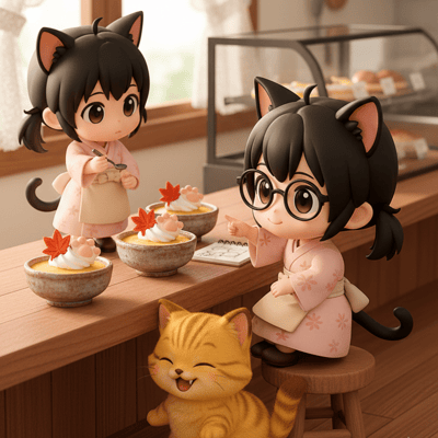 pAInter_AI_ART's tweet card. こんばんは！ #KemomimiCafe です！ 秋のスイーツを試作中。 今回はプリンのようです。 ミニケモちゃんも、積極的に意見を言っているみたいです。 KemomimiCafeの秋の新作スイーツ。 もうすぐ登場です。 この後も良い夜を😊 #AIart