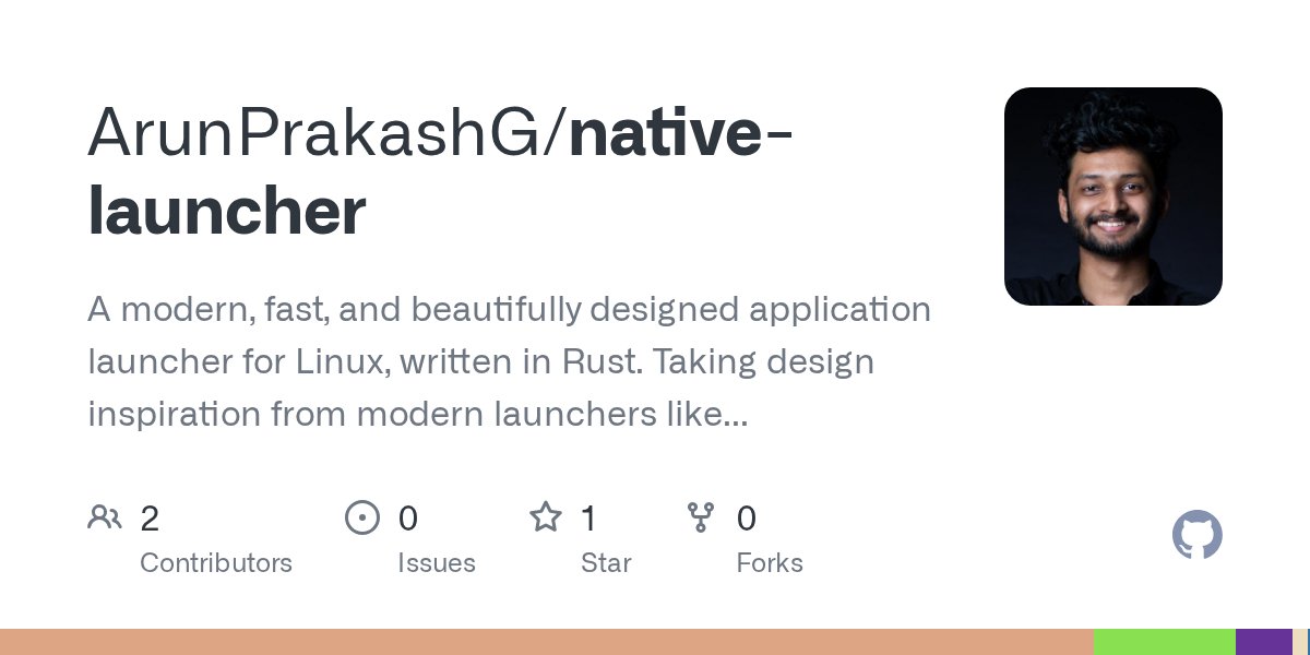 _arunprakash_'s tweet card. A modern, fast, and beautifully designed application launcher for Linux, written in Rust. Taking design inspiration from modern launchers like Raycast, built natively for Wayland with GTK4. - ArunP...